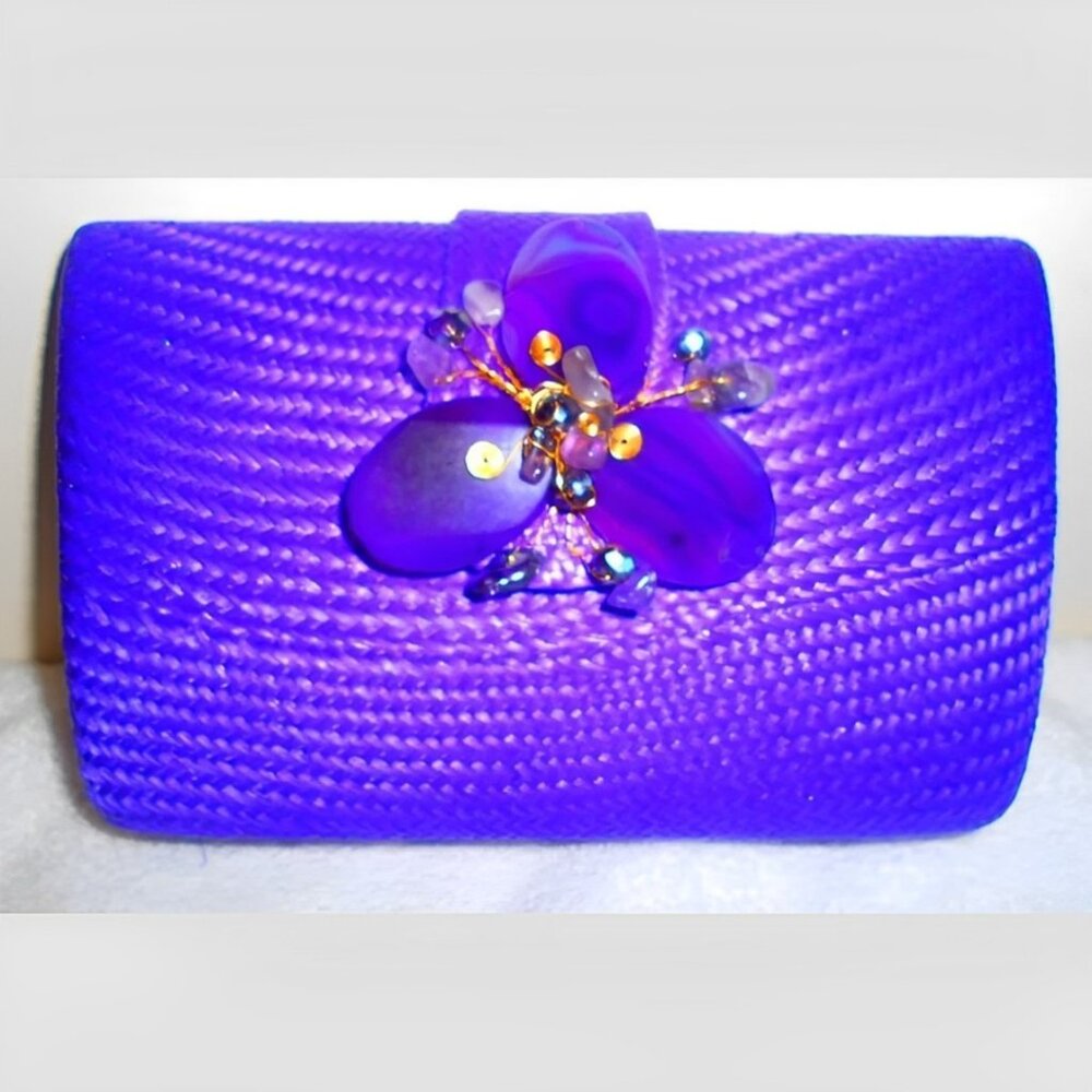 Straw Sand Clutch Flower Purse Crossbody Handbag Bead Purple Chain Strap Bag New